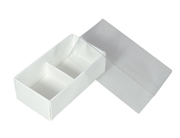 10 Pack of White Card Chocolate Sweet Soap Product Retail Gift Box - 2 Bay Compartments - Clear Slide On Lid - 8x4x3cm